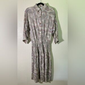 Vintage Leslie Fay Dress Floral Paisley Pleated Maxi 80s Secretary Smocked Waist